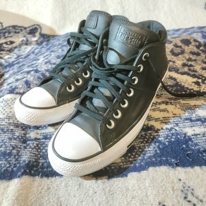 Converse black leather all star high tops wm sz 8